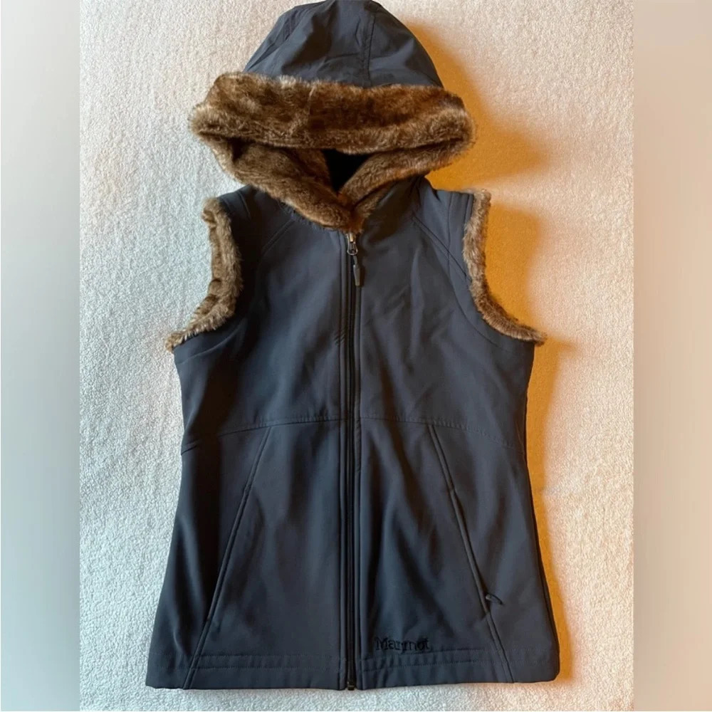 Marmot vest, dark charcoal gray and brown faux fur lined hood/ sleeves. Sz Small